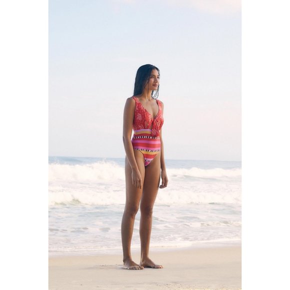 Farm Rio Red Tiki Bananas Lucy Stripe One Piece Swimsuit S M Mix Print Tie Front - Picture 4 of 6